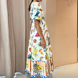 Women's 2025 Ama's New Elegant Fruit Prints Waist-Round Collar Dress Dress