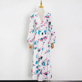 TWOTWINSTYLE Vintage Print Two Piece Set For Women V Neck Long Sleeve Hollow Out Tops High Waist Maxi Skirts Casual Sets
