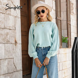 Backless chain long lantern sleeve sweater women Office lady o-neck pullover autumn Casual female short knitteD