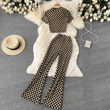 Summer Women Fashion Retro Plaid Set Short Sleeve Slim Short Tops+High Waist Long Flared Pants Two Piece
