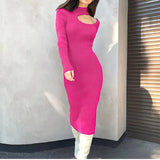Knitted Women's Solid Slim Midi Dress 2022 Autumn Mock-neck Hollow Out Long Sleeve Dresses Ladies Sexy Elegant