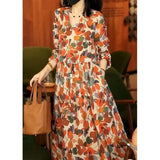 Long Sleeve Loose Printed Midi Dress 2024 Spring Summer Women's Clothing Korean V-Neck Lace Up Ladies Elegant Dresses-Outfit