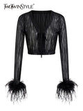 Sexy Patchwork Feathers Shirt For Women V Neck Long Sleeve Solid Minimalist Blouses Female Fashion Summer