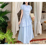 Blue Short-Sleeved Dress Women's Summer 2025 New Small Folding Thin Temperament Cake
