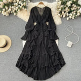 Purple/Brown/Red Chiffon Pleated Long Dress Women Vintage V-Neck Flare Sleeve Draped Ruffle Vestido Female Maxi Robe Spring