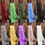 2025 Summer Women's Fashion Trend Retro Round-Neck Sleeveless Forked Solid Color Two-Piece