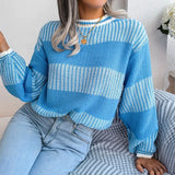 O-neck Knitted Pullover Autumn Casual Stripe Loose Sweater 2023 Long Sleeve Fashion Woman Spring Chic Soft Tops