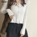 Green Thin Knitting Cardigan Women Spring Summer Button Up Long Sleeve Cropped Top Woman Round Neck Solid Color