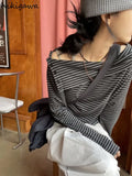 Tshirts 2023 Shirts for Women Chic Striped Long Sleeve Tunic Tees Off Shoulder Button Casual T Shirts Crop Tops Ropa Mujer-Outfit