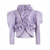 High Street Patchwork Ruffle Blouses For Women Stand Collar Loose Puff Sleeve Casual Shirts Female 2021 Style