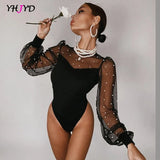 Spring Women Bodysuit O-Neck Slim Elegant Office Lady Beading Black Mesh See Through Sleeve Patchwork Sexy Body