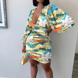 ArtsuWomen Sexy Deep V Neck Floral Print Dresses Long Lantern Sleeve Ruched Dress Elegant Female Bodycon Party Dress