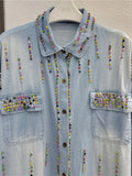 Women's Denim Shirt Loose Double Pockets Colorful Crystal Beading Single Breasted Blouse 2024 Summer New Fashion 29L1839-Outfit