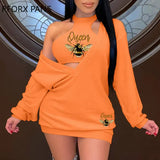 Women Fashion Long Sleeves Crop Top Inside Deep V Neck Bee Pattern Mini Ins Sexy Dress Set-Outfit