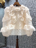 Straight Cut Out Shirt For Women Round Neck Long Sleeve Ruffle Trim Solid Blouses Female Clothing Style New