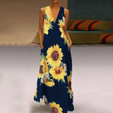Station New Popular Style Lady's Bohemian Printed Sunflower Dress V-Collar Sleeveless Pocket Summer Dress-Outfit