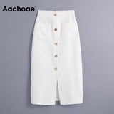 Women White Tweed Midi Skirts With Pockets Fashion A Line Split Button Fly Skirts Office Lady High Waist Skirt