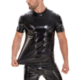 Toloer Men's Mirror Leather Vest Bright Leather Short Sleeve Round Collar Vest No Odor Size Accurate-Outfit
