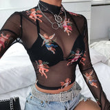 Women T Shirt See Through Transparent Mesh Tops Long Sleeve Sheer Slim Ladies Turtleneck T-Shirt New Arrival Women tshirt-Outfit