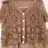 Women New Design Hollow Out Stylish Minority Korean Style V-neck Loose All-match Sexy Casual Fashion Young Summer