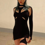 Women Mini Dresses Dark Punk Y2k Bodycon Long Sleeve Summer Dress Goth Cyber Gothic Black Sexy Hollow Out Clubwear-Outfit