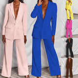 Autumn Solid Women Jacket Breasted Pant Sets Two Piece Suit Wide Leg Pants Ladies Blazer Suits Elegant Normal Clothing-Outfit
