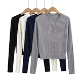 colors Women Cable Twist Knitted Cardigan Round Collar Center Buttons Sweater Full Sleeve Short Jumper Gray-Outfit