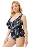 High-Leg Plunge Neck Floral Print Ruffles Plus Size One Piece