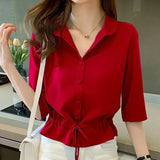 Women Solid Turn-down Collar Half Sleeve Chiffon Shirt Fashion Casual Shirring Single-breasted Blouses Female 703-1-Outfit