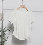 Recommended For The Summer V-Neck Front Shoulder Short-Sleeved T-Shirt For Girls Slimming Hottie Drawstring Irregular Top