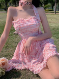 Party Casual Floral Sexy Dress Women 2022 Summer Pink Sleeveless Patchwork Mini Dresses Female Elegant Party Holiday Slim Korean