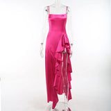 ArtsuWomen Sexy Spaghetti Strap Slit Backless Slim Dress Female Fashion Irregular Ruffle Bodycon Party Dresses