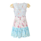 Retro French style Contrast Color Flower Print V neck Mini Dress Sexy Short Flying Sleeve Ruffles Hem Slim Waist Robe-Outfit
