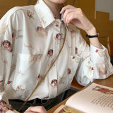 Angel Print Womens Shirt Vintage Elegant Blouse Women Autumn 2024 Lantern Sleeve Female Clothes Loose BF Shirt-Outfit