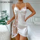 Women Mesh Patchwork Three Diemnsional Floral Decoration Spaghetti Straps Lace Hem Sexy Night & Sleeping Dress-Outfit