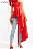 Elegant Asymmetrical Shirts For Women Skew Collar Ruffled Butterfly Sleeve Hollow Out High Waist Ruched Shirt Female