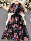 V-Necked Print Chiffon Dress Shows Lean Lotus Leaf Edge Short-Sleeved Waist First Love Fairy Skirt-Outfit