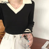 Korean Fashion V Neck Sweater Women 2023 Spring Slim Fit Cropped Pullovers Woman Mixed Color Long Sleeved Knitwears