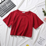 Summer Short Sleeve T Shirts Women Cotton Solid T-shirt O Neck High Waist Crop Top Tee Female Casual Loose T