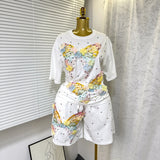 Set European Dress Design Butterfly Set Drill Short Sleeve T-Shirt Blouse Woman + Tight Waist Broad Leg Shorts Two