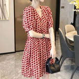 Lady Flowers Printed Elegant V-Neck Casual Dresses Women's Stylish Puff Sleeve Single-breasted Summer A-Line Midi