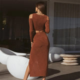 Y2K Split Maxi Skirts Women solid 2 Pieces Set Long Sleeves Off Shoulder buttons Cardigan crop top sexy Hollow out slim