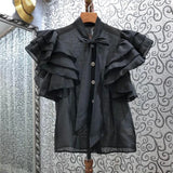 Patchwork Ruffle Shirt For Women Bow Collar Short Sleeve Solid Chic Blouse Femlae Fashion New Clothing