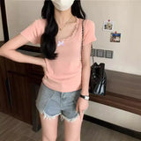 New Pure Lust Lace Lace Short Sleeve Slim T-Shirt Thin Bow Design Short