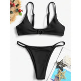 Summer Sexy Split Swimwear Suit Women Solid Color Metal Ring Decoration Brazilian Beach Vacation Swimwear Bikinis Set-Outfit