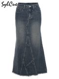 Retro Classic All-Match Vitality Casual Commuter Outing Tight Sexy White Irregular Women'S Long Denim Skirt Girl Cool-Outfit