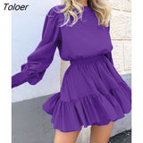 Casual Purple Lantern Sleeve Mini Dress Female Ruffled A-Line Dresses For Women O-Neck High Waist Bodycon Dress Autumn