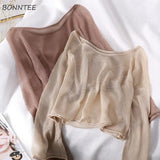 Women Summer Thin Knitting Solid Color O-neck All-match Sun-proof Sexy Flare Sleeve Outerwear Female Tops Simple