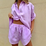 Casual Suits Women Long Sleeve Sets Blue Home Wear Solid Tops Female White Shorts Two Piece Sets Spring Summer
