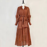 Temperament Dress 2025 New V-Neck Lantern Sleeves Folded Long Silk Dress